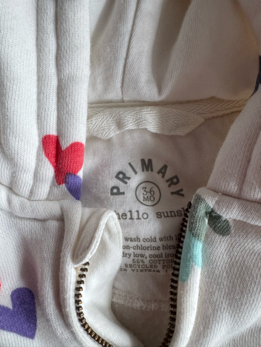 Primary White Hooded Baby Jacket with Multicolor Hearts - Picture 2 of 3